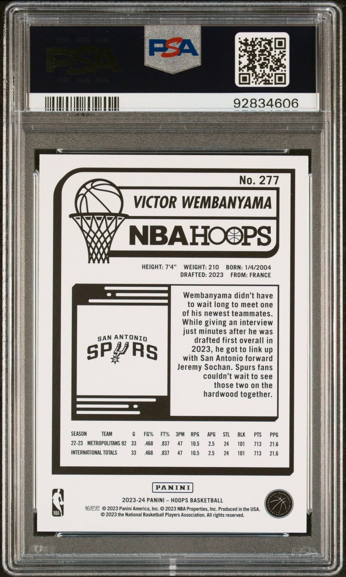Graded 2023 Panini Hoops Victor Wembanyama #277 Winter Rookie RC Basketball Card PSA 10 Gem Mint