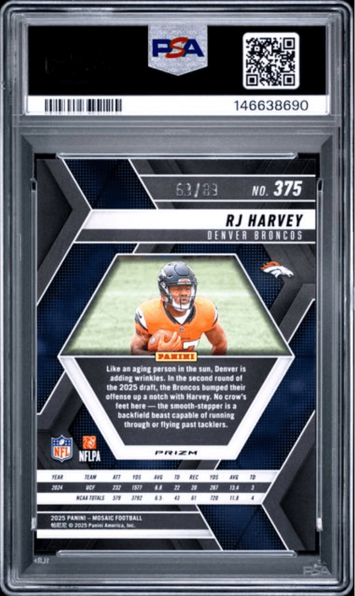 Graded 2025 Panini Mosaic RJ Harvey #375 Fushion Red & Yellow Choice /89 Rookie RC Football Card PSA 10 Gem Mint