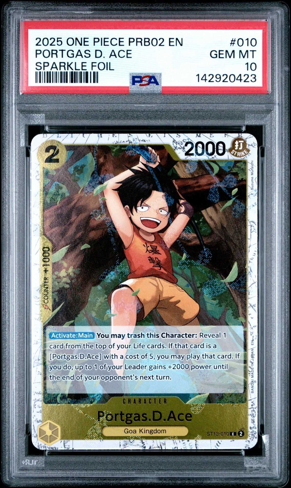 Graded 2025 One Piece Portgas D Ace #010 Sparkle Foil PRB02 Trading Card Game PSA 10 Gem Mint