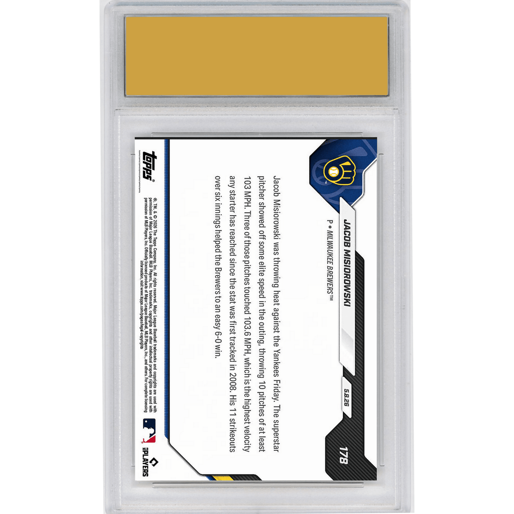 Graded 2026 Topps Now Jacob Misiorowski #178 103+ MPH Heat Lights Up Radar Gun At Record Pace Milwaukee Brewers Rookie RC Baseball Card HOFSM 10 Gem Mint