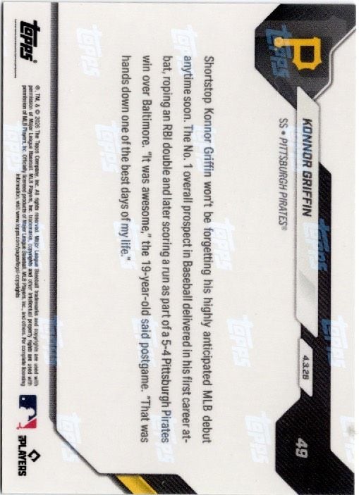 2026 Topps Now Konnor Griffin #49 Green Chrome /99 19 Year Old Top Prospects 1st MLB At Bat is RBI Double Pittsburgh Pirates Rookie RC Baseball Card