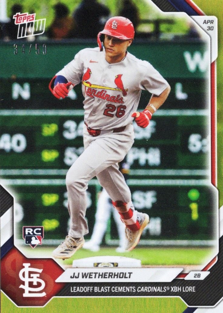 2026 Topps Now JJ Wetherholt #144 Gold Foil /50 Leadoff Blast Cements Cardinals XBH Lore St Louis Cardinals Rookie RC Baseball Card