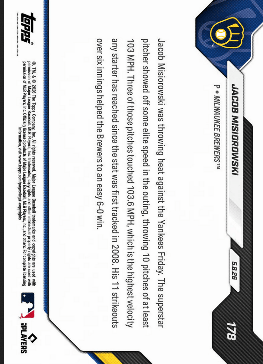2026 Topps Now Jacob Misiorowski #178 Gold Foil /50 103+ MPH Heat Lights Up Radar Gun At Record Pace Milwaukee Brewers Rookie RC Baseball Card