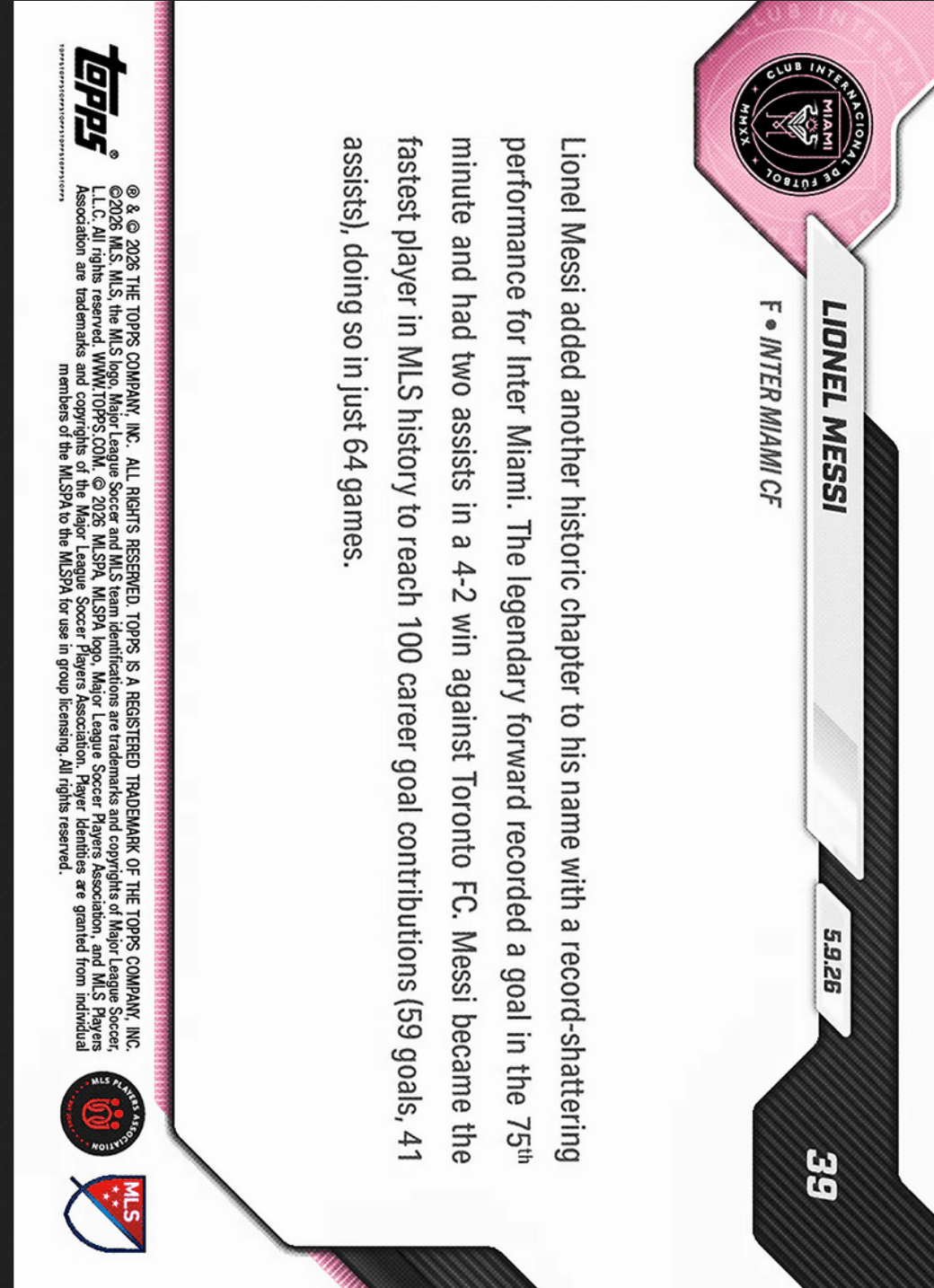 2026 Topps Now Lionel Messi #39 Orange Foil /25 100th Goal Contribution Shatters MLS Record in Win Inter Miami Soccer Card