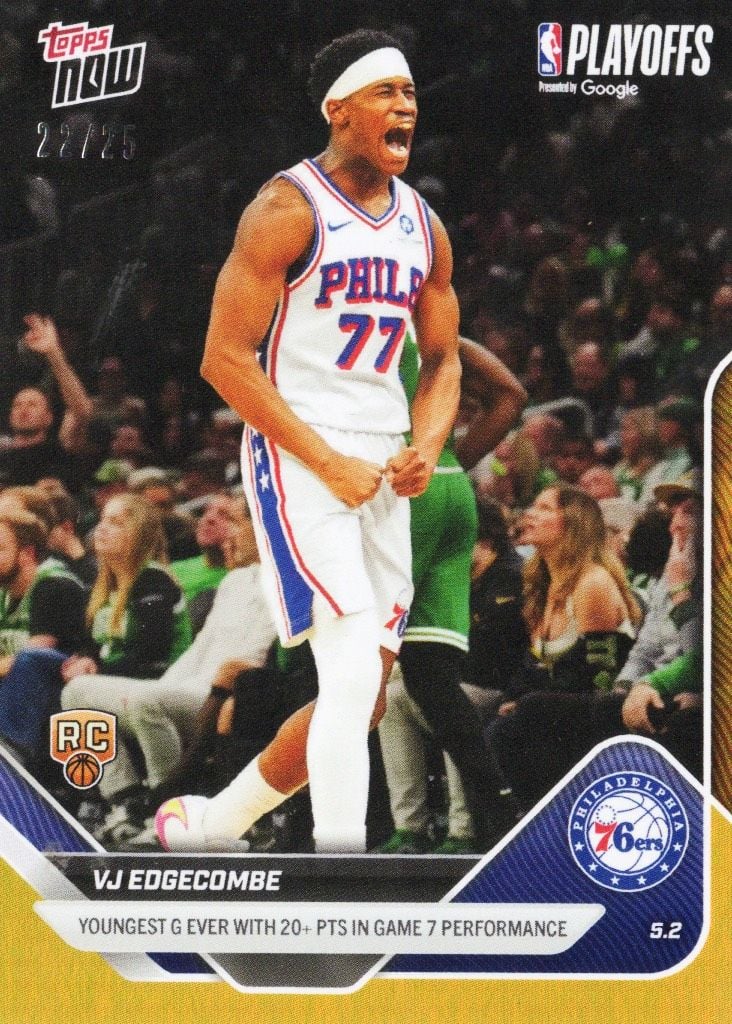 2025 Topps Now VJ Edgecombe #289 Orange Foil /25 Youngest Guard Ever with 20+ Points in Game 7 Performance Philadelphia 76ers Rookie RC Basketball Card