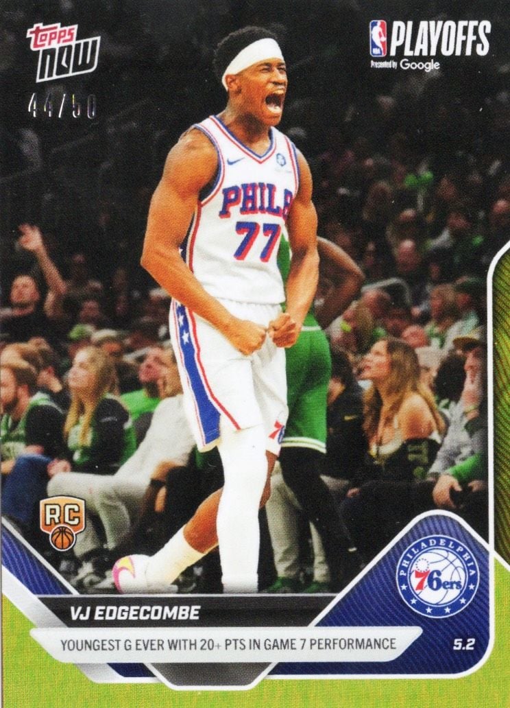 2025 Topps Now VJ Edgecombe #289 Gold Foil /50 Youngest Guard Ever with 20+ Points in Game 7 Performance Philadelphia 76ers Rookie RC Basketball Card