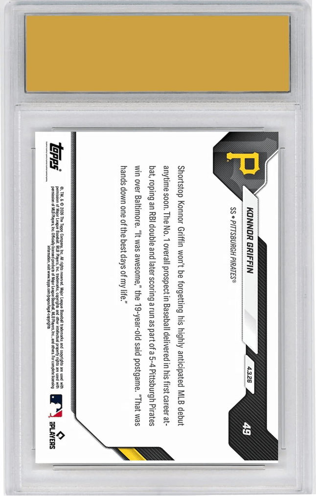 Graded 2026 Topps Now Konnor Griffin #49 19 Year Old Top Prospect's 1st MLB AB is RBI Double Pittsburgh Pirates Rookie RC Baseball Card HOFSM 10 Gem Mint