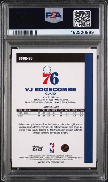 Graded 2025 Topps VJ Edgecombe #80BK-96 1980 Topps Basketball Rookie RC Basketball Card PSA 10 Gem Mint