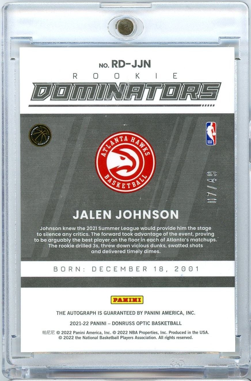 2021 Panini Donruss Optic Jalen Johnson #RDJJN /49 Dominators Auto Rookie RC Basketball Card