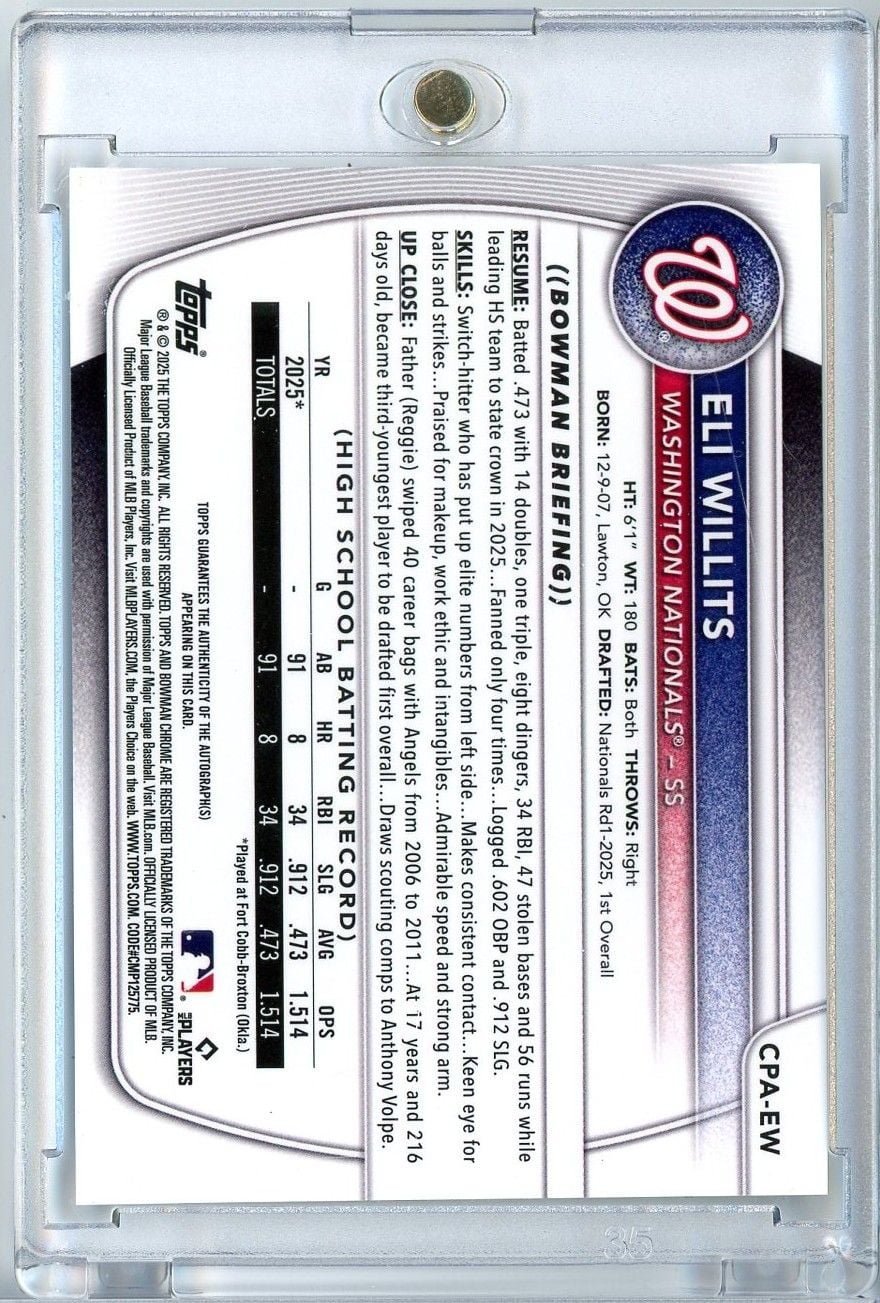 2025 Topps Bowman Chrome Eli Willits #CPAEW 1st Bowman Auto Rookie RC Baseball Card