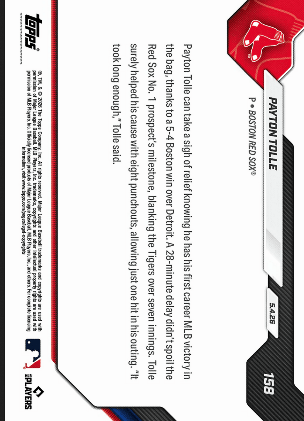2026 Topps Now Payton Tolle #158 Gold Foil /50 7 Scoreless Frames, 8Ks Collect 1st MLB Win Boston Red Sox Rookie RC Baseball Card