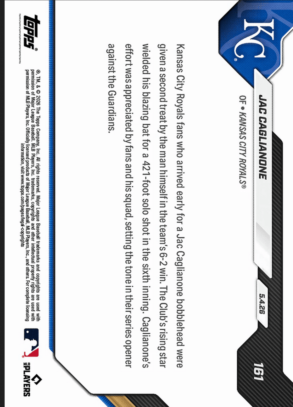 2026 Topps Now Jac Caglianone #161 Black Foil /10 Blazing Bat Shines with Home Run on Bobblehead Night Kansas City Royals Rookie RC Baseball Card