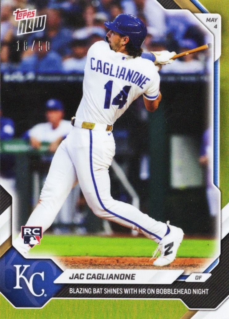 2026 Topps Now Jac Caglianone #161 Gold Foil /50 Blazing Bat Shines with Home Run on Bobblehead Night Kansas City Royals Rookie RC Baseball Card