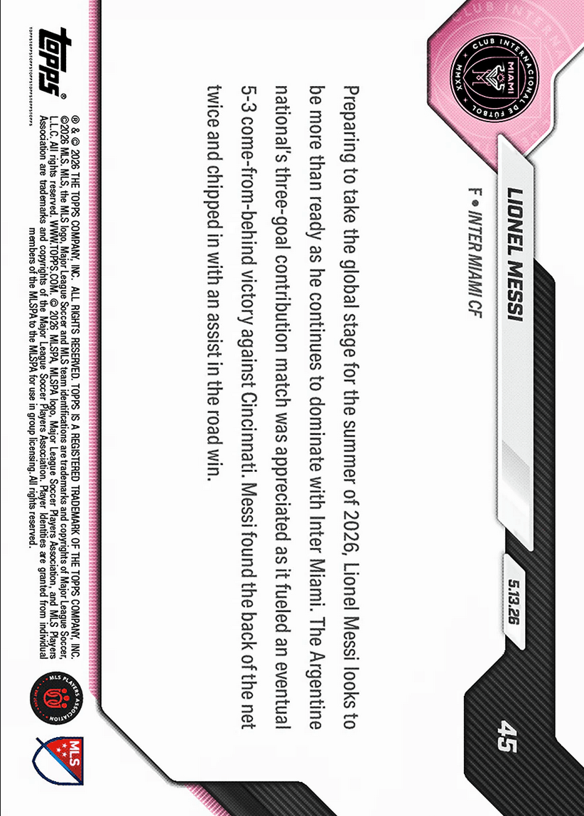 2026 Topps Now Lionel Messi #45 3 Goal Contribution Match Powers Comeback Win Inter Miami Soccer Card
