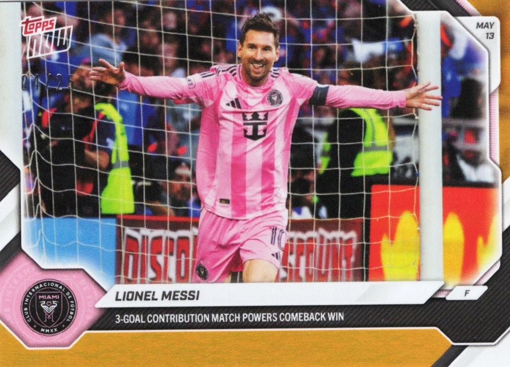 2026 Topps Now Lionel Messi #45 Orange Foil /25 3 Goal Contribution Match Powers Comeback Win Inter Miami Soccer Card