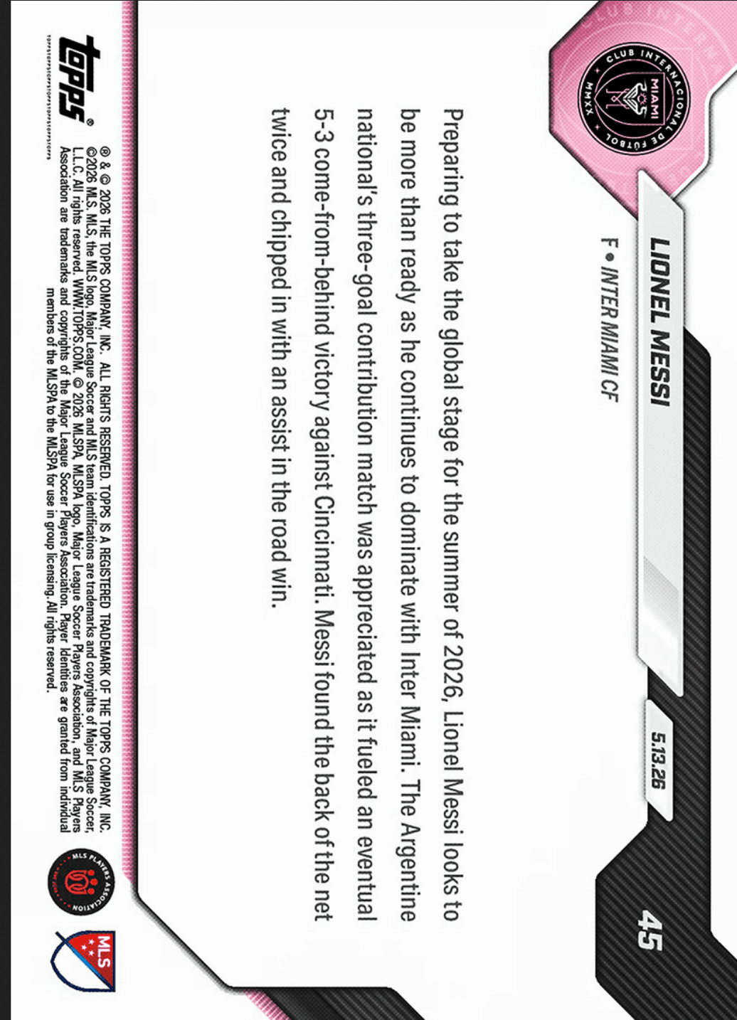 2026 Topps Now Lionel Messi #45 Black Foil /10 3 Goal Contribution Match Powers Comeback Win Inter Miami Soccer Card