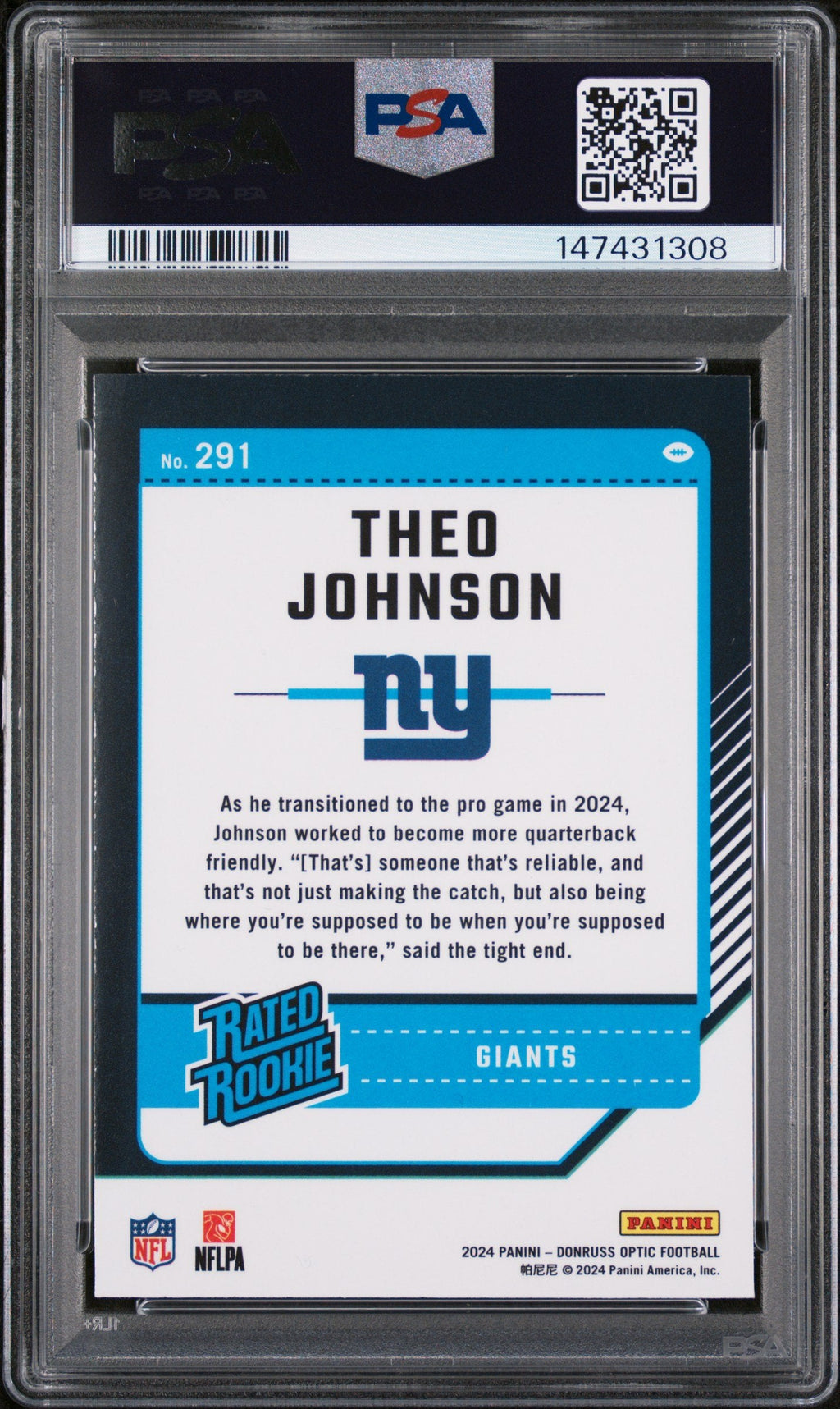 Graded 2024 Panini Donruss Optic Theo Johnson #291 Rookie RC Football Card PSA 8 Near Mint