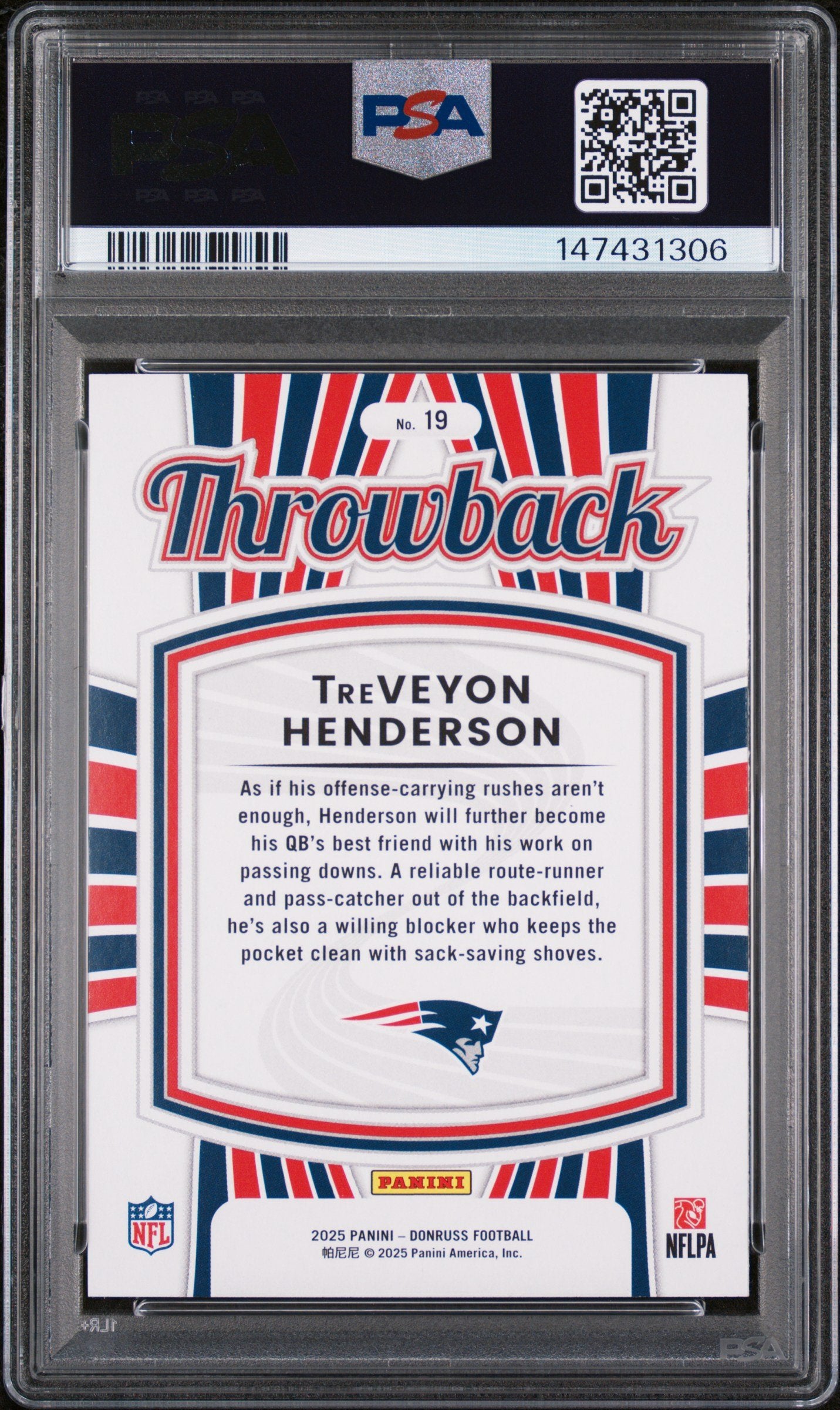 Graded 2025 Panini Donruss TreVeyon Henderson #19 Rated Rookies Throwback Rookie RC Football Card PSA 10 Gem Mint