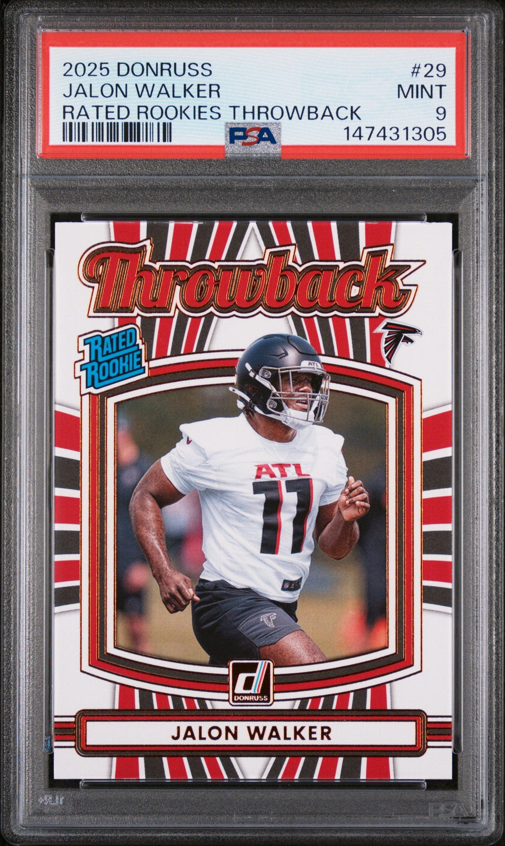 Graded 2025 Panini Donruss Jalon Walker #29 Rated Rookies Throwback Rookie RC Football Card PSA 9 Mint