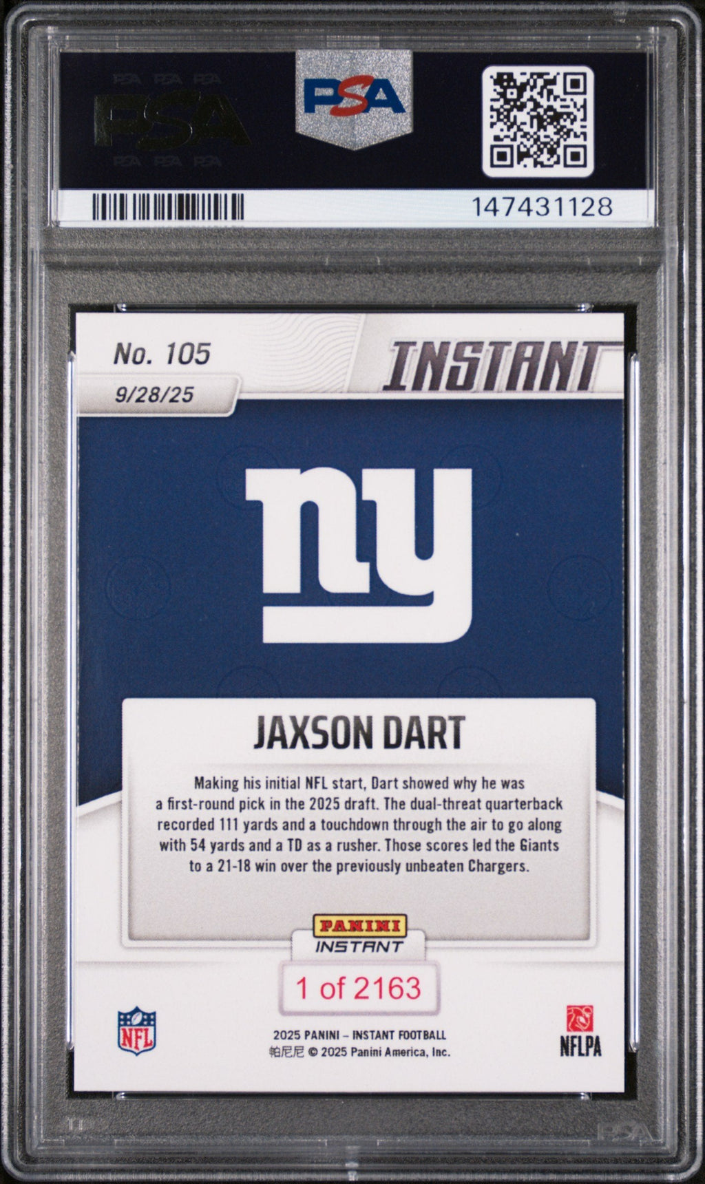 Graded 2025 Panini Instant Jaxson Dart #105 Rookie RC Football Card PSA 9 Mint