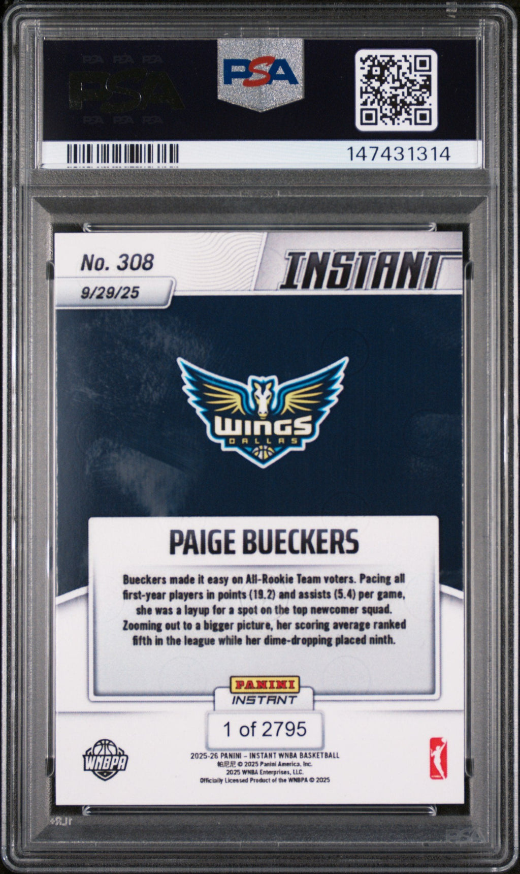 Graded 2025 Panini Instant Paige Bueckers #308 Rookie RC Basketball Card PSA 9 Mint