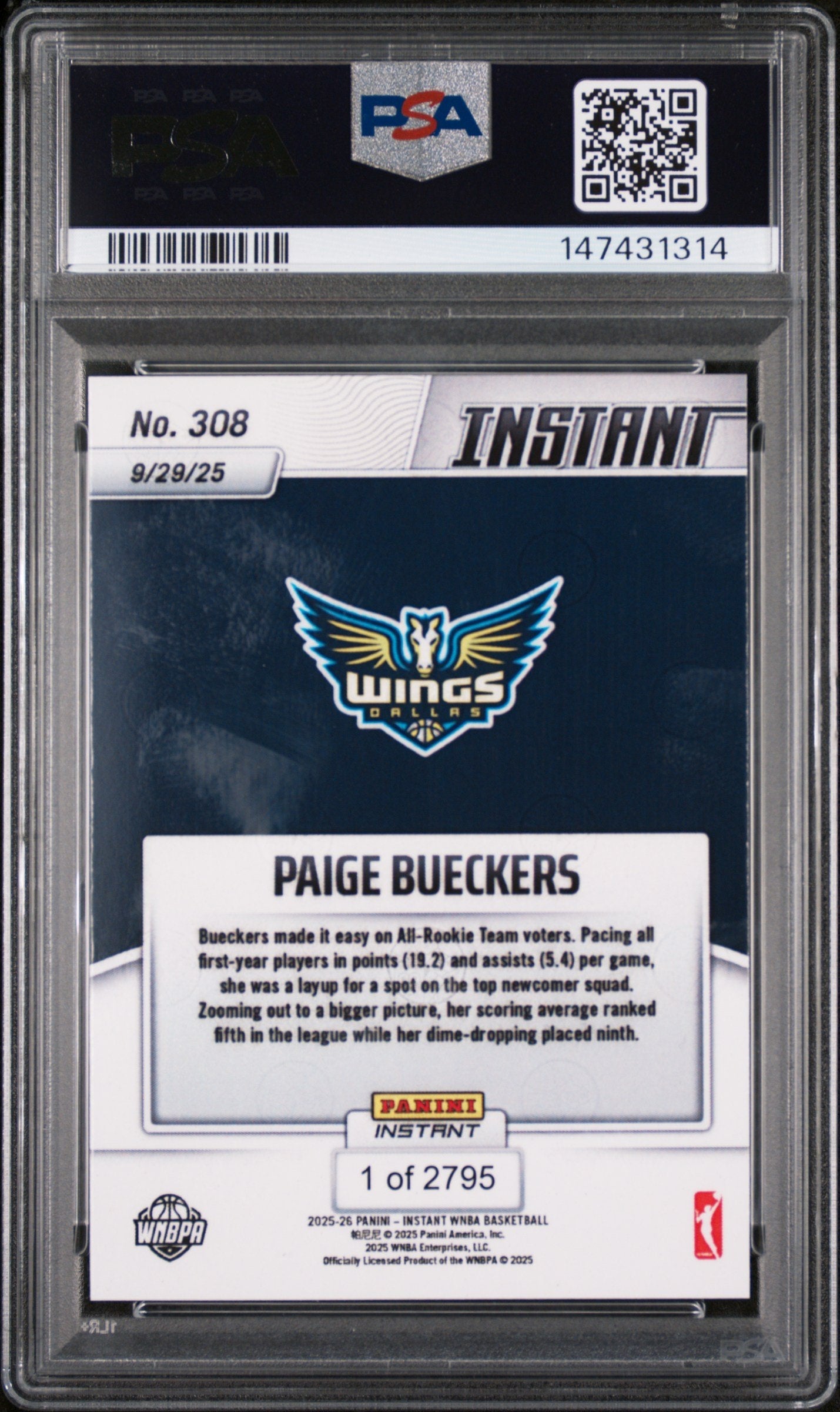 Graded 2025 Panini Instant Paige Bueckers #308 Rookie RC Basketball Card PSA 9 Mint