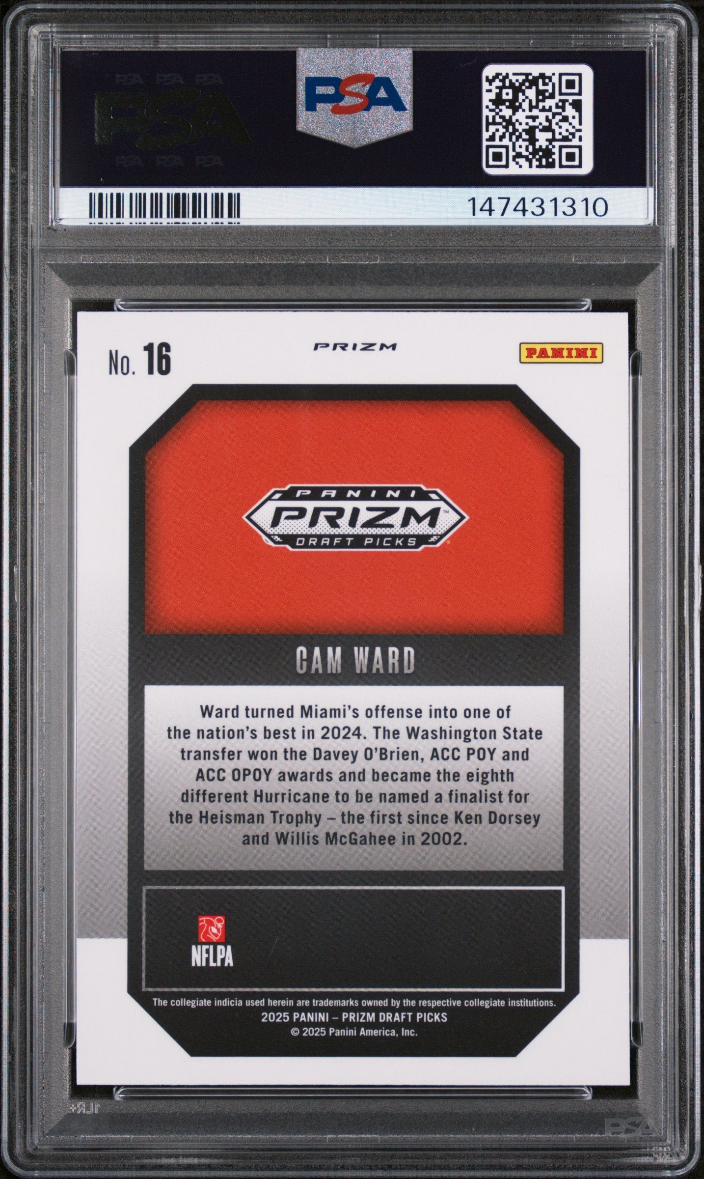 Graded 2025 Panini Prizm Draft Picks Cam Ward #16 New Recruits Green Rookie RC Football Card PSA 10 Gem Mint