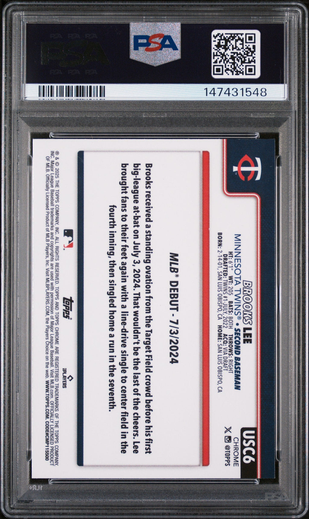 Graded 2025 Topps Chrome Update Brooks Lee #6 Rookie RC Baseball Card PSA 10 Gem Mint