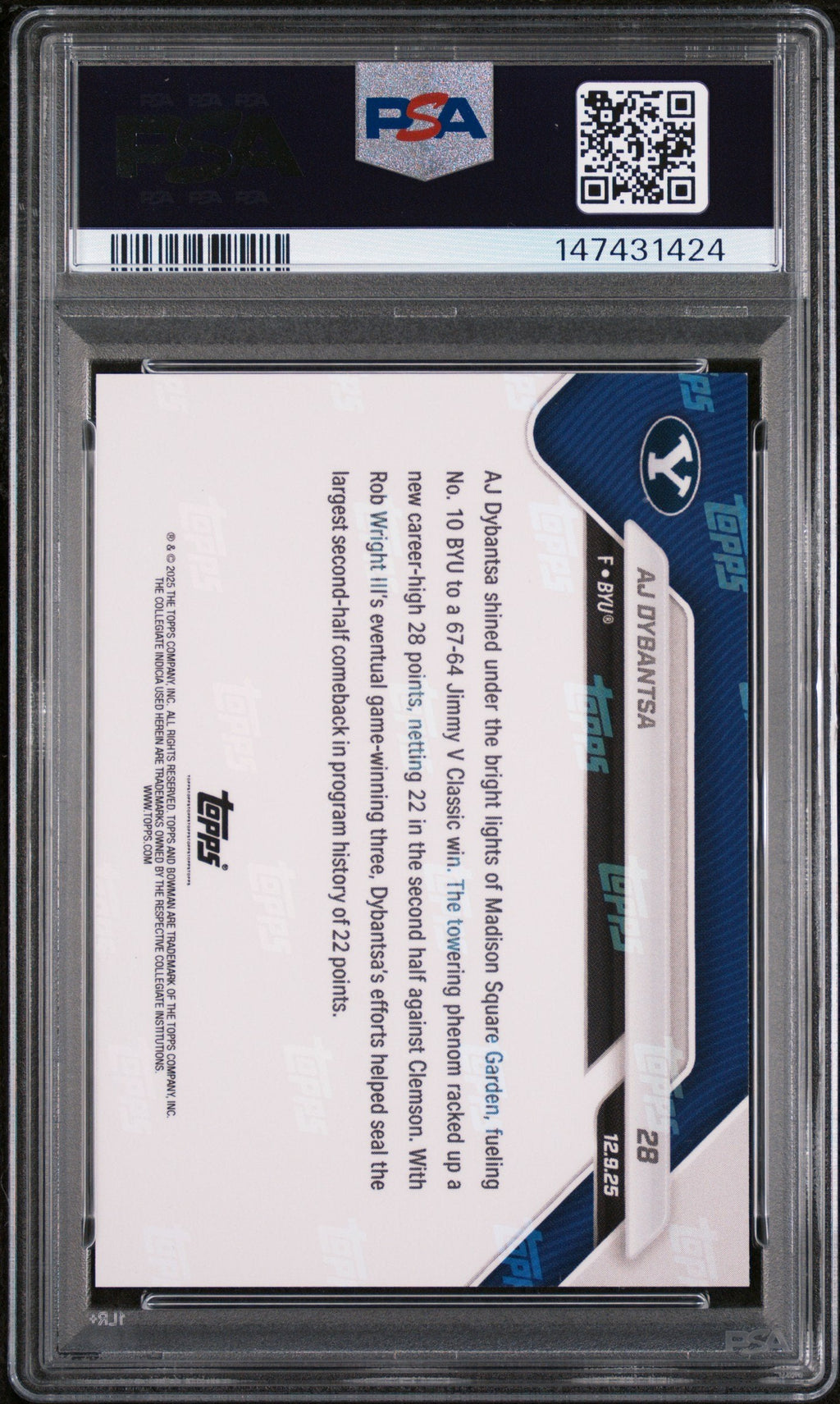 Graded 2025 Topps Bowman U Now AJ Dybantsa #28 Rookie RC Basketball Card PSA 9 Mint
