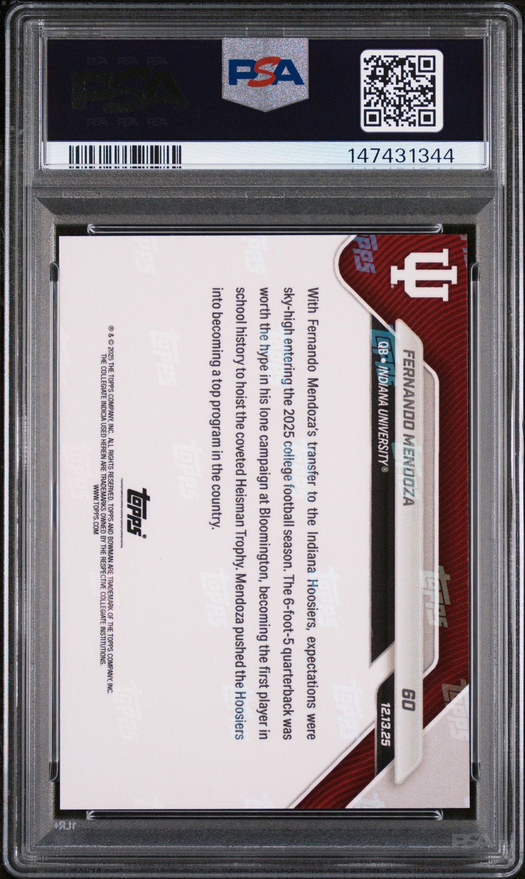 Graded 2025 Topps Bowman U Now Fernando Mendoza #60 Rookie RC Football Card PSA 9 Mint