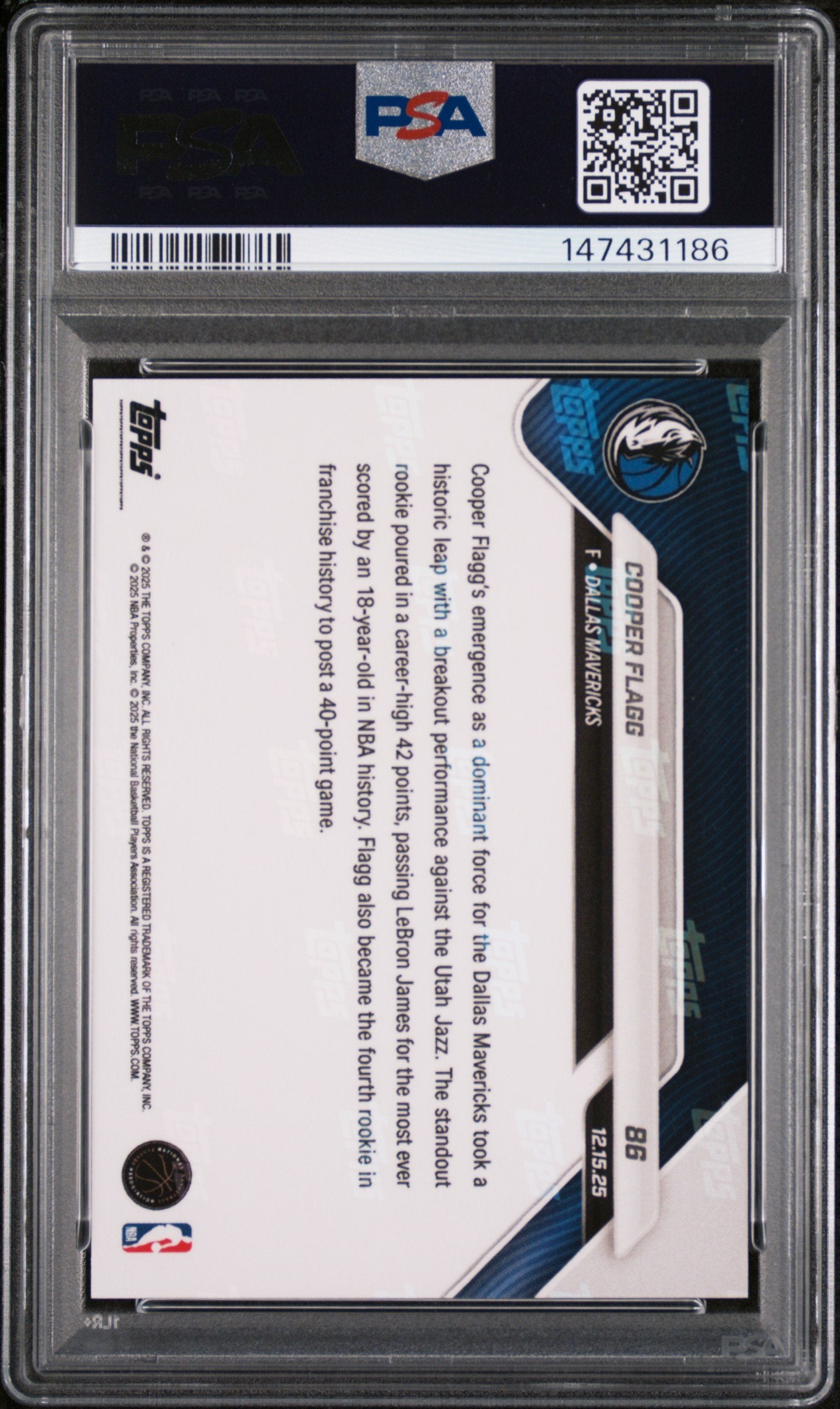 Graded 2025 Topps Now Cooper Flagg #86 Gold Foil Rookie RC Basketball Card PSA 10 Gem Mint