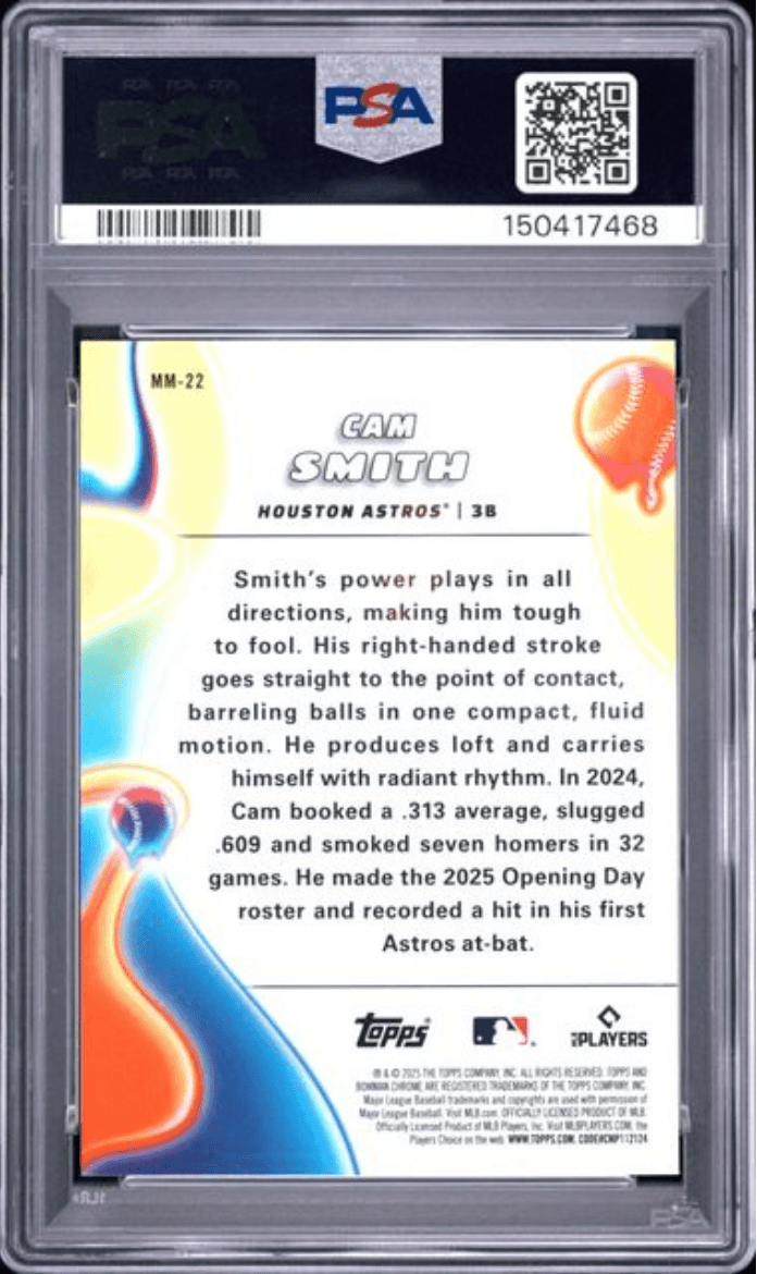 Graded 2025 Topps Bowman Chrome Cam Smith #MM22 Melt Mashers Rookie RC Baseball Card PSA 10 Gem Mint