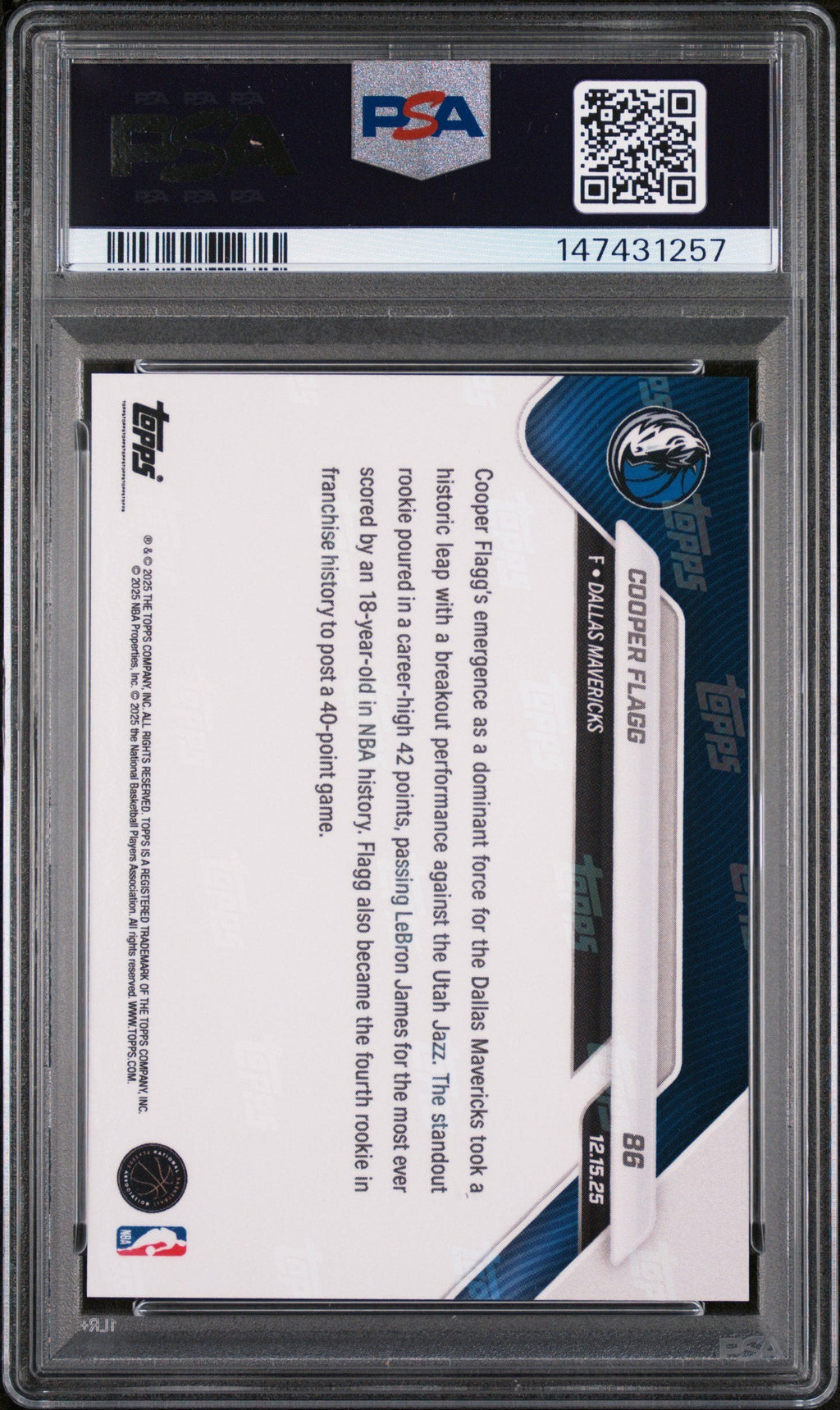 Graded 2025 Topps Now Cooper Flagg #86 Rookie RC Basketball Card PSA 8 Near Mint