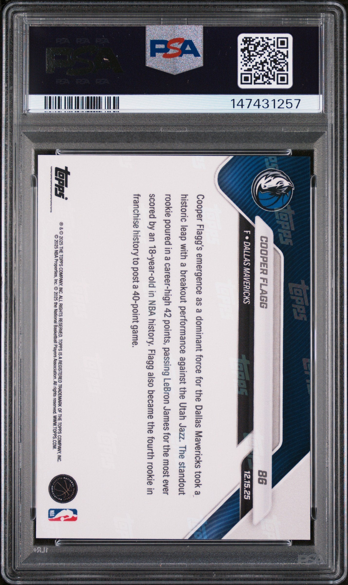 Graded 2025 Topps Now Cooper Flagg #86 Rookie RC Basketball Card PSA 8 Near Mint