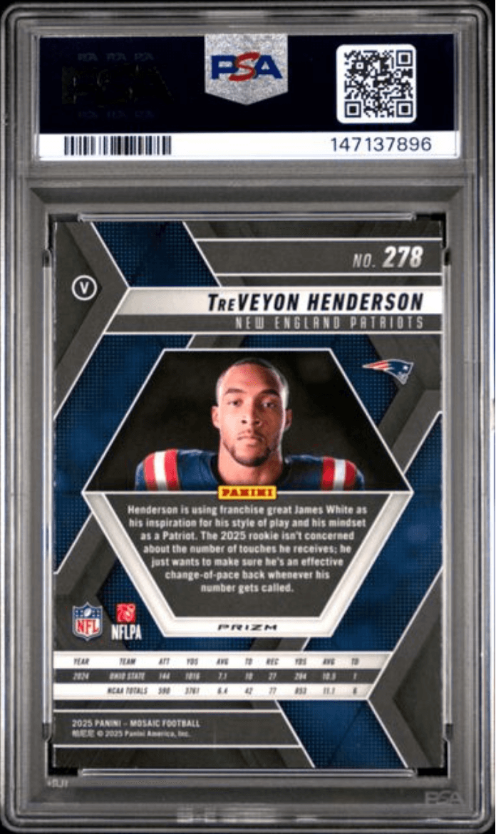 Graded 2025 Panini Mosaic TreVeyon Henderson #278 Mosaic Rookie RC Football Card PSA 10 Gem Mint