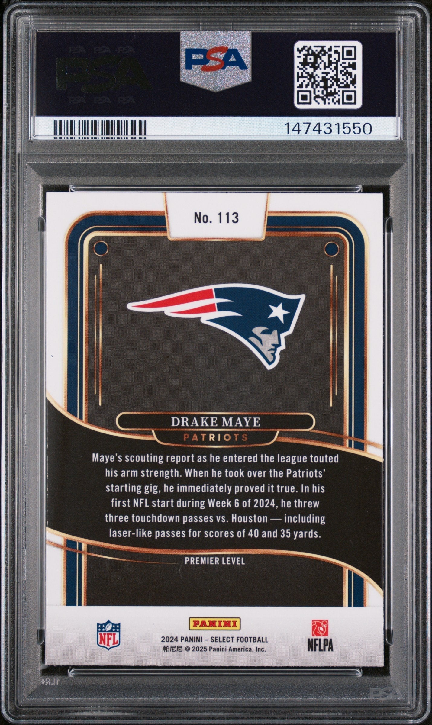 Graded 2024 Panini Select Drake Maye #113 Rookie RC Football Card PSA 9 Mint