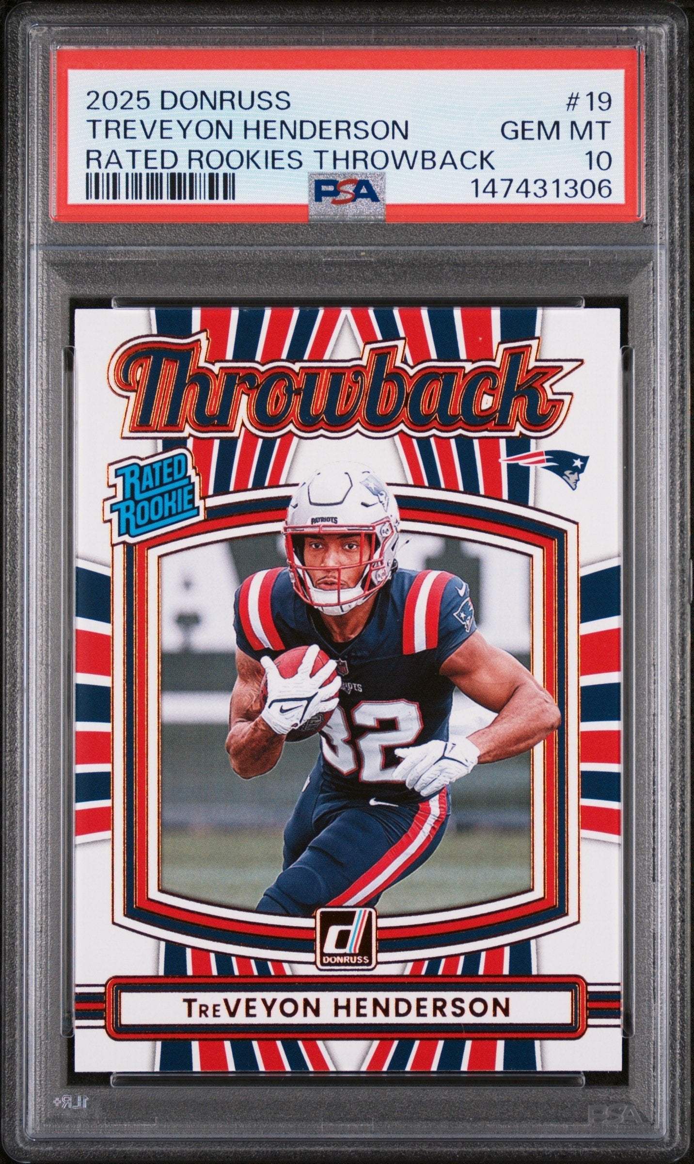 Graded 2025 Panini Donruss TreVeyon Henderson #19 Rated Rookies Throwback Rookie RC Football Card PSA 10 Gem Mint