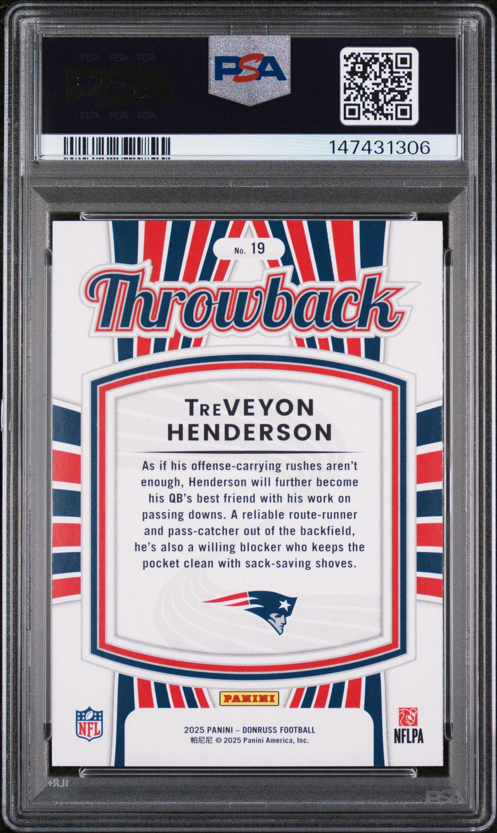 Graded 2025 Panini Donruss TreVeyon Henderson #19 Rated Rookies Throwback Rookie RC Football Card PSA 10 Gem Mint