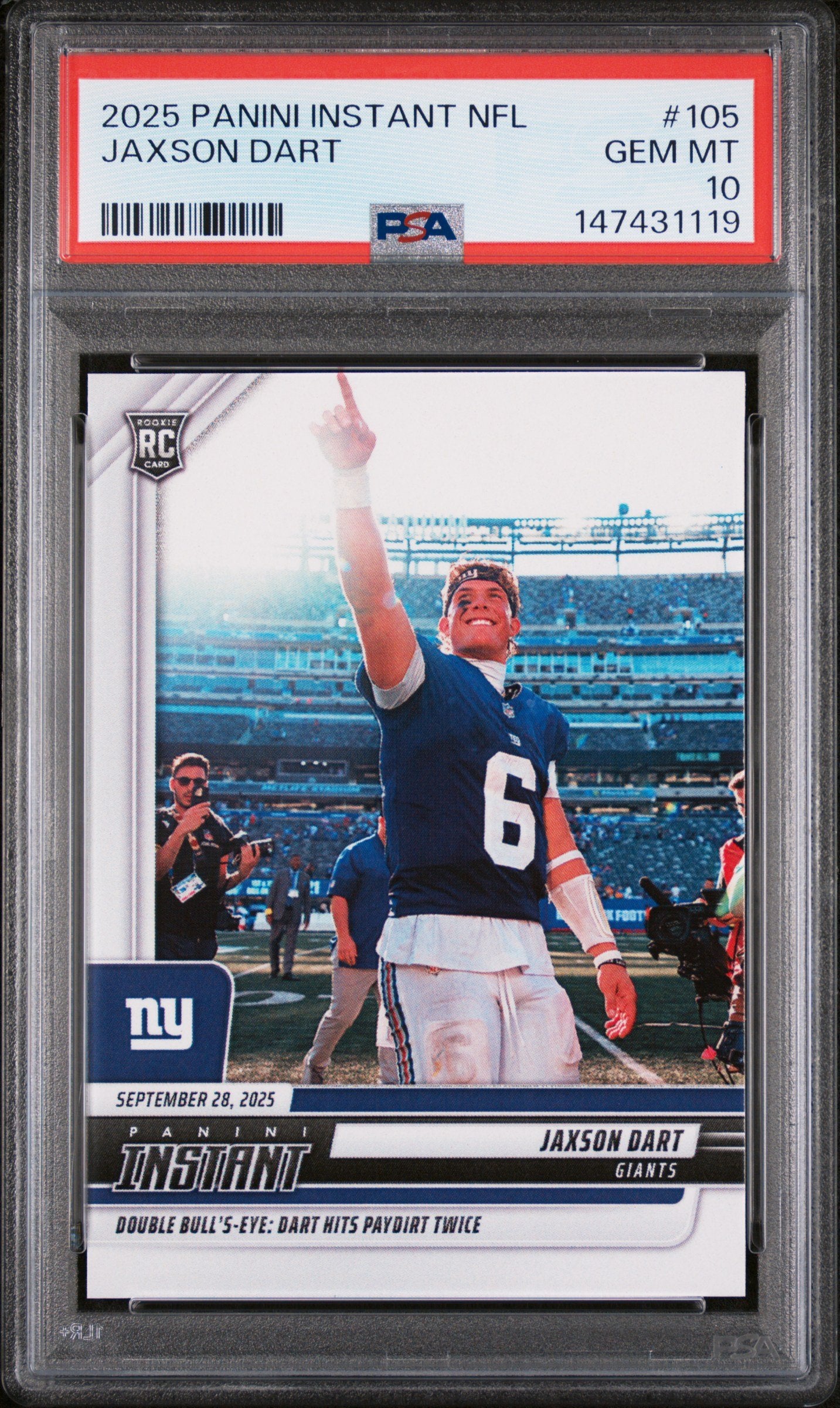 Graded 2025 Panini Instant Jaxson Dart #105 Rookie RC Football Card PSA 10 Gem Mint