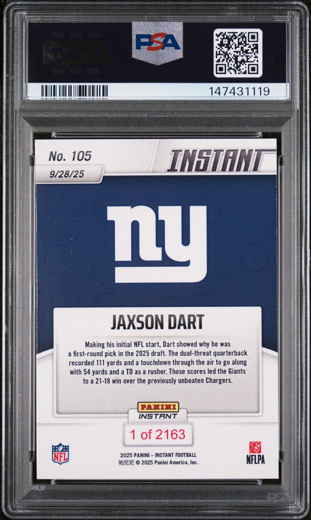 Graded 2025 Panini Instant Jaxson Dart #105 Rookie RC Football Card PSA 10 Gem Mint