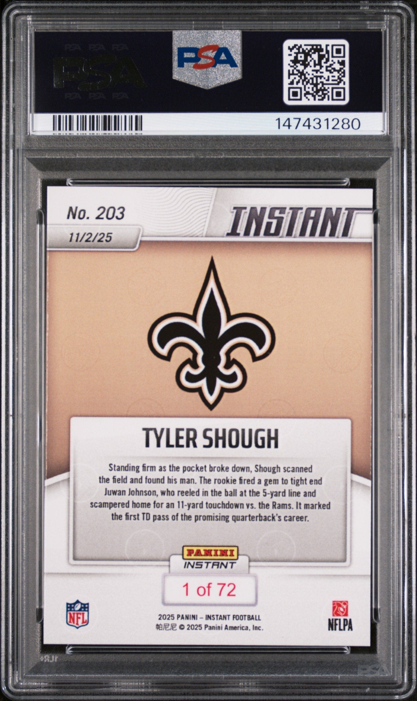 Graded 2025 Panini Instant Tyler Shough #203 Rookie RC Football Card PSA 10 Gem Mint