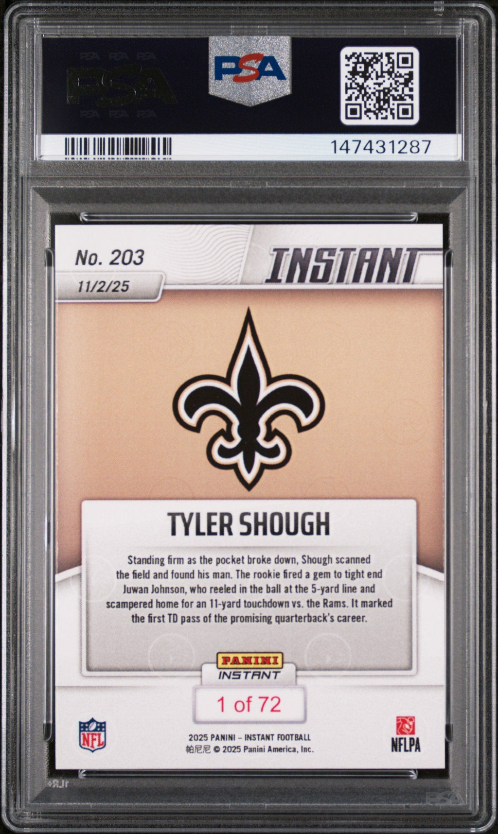 Graded 2025 Panini Instant Tyler Shough #203 Rookie RC Football Card PSA 9 Mint