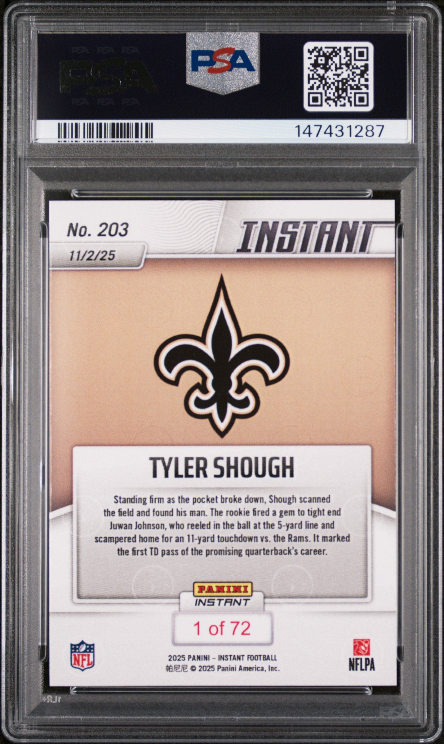 Graded 2025 Panini Instant Tyler Shough #203 Rookie RC Football Card PSA 9 Mint
