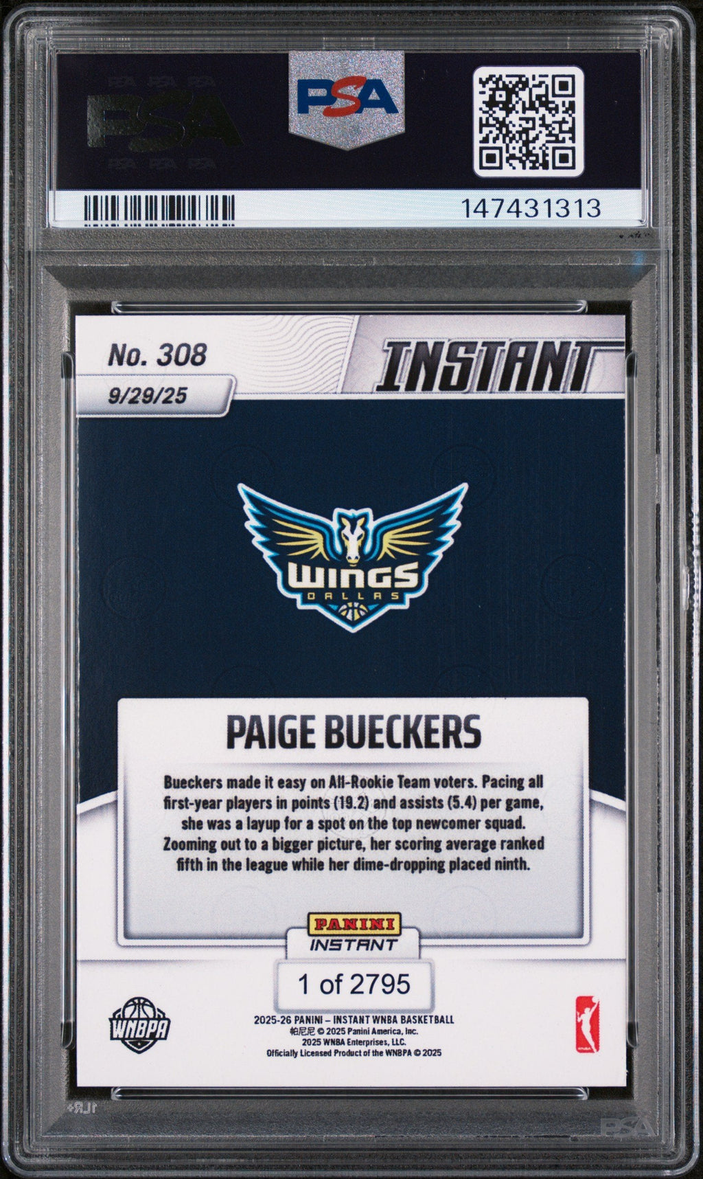 Graded 2025 Panini Instant Paige Bueckers #308 Rookie RC Basketball Card PSA 10 Gem Mint