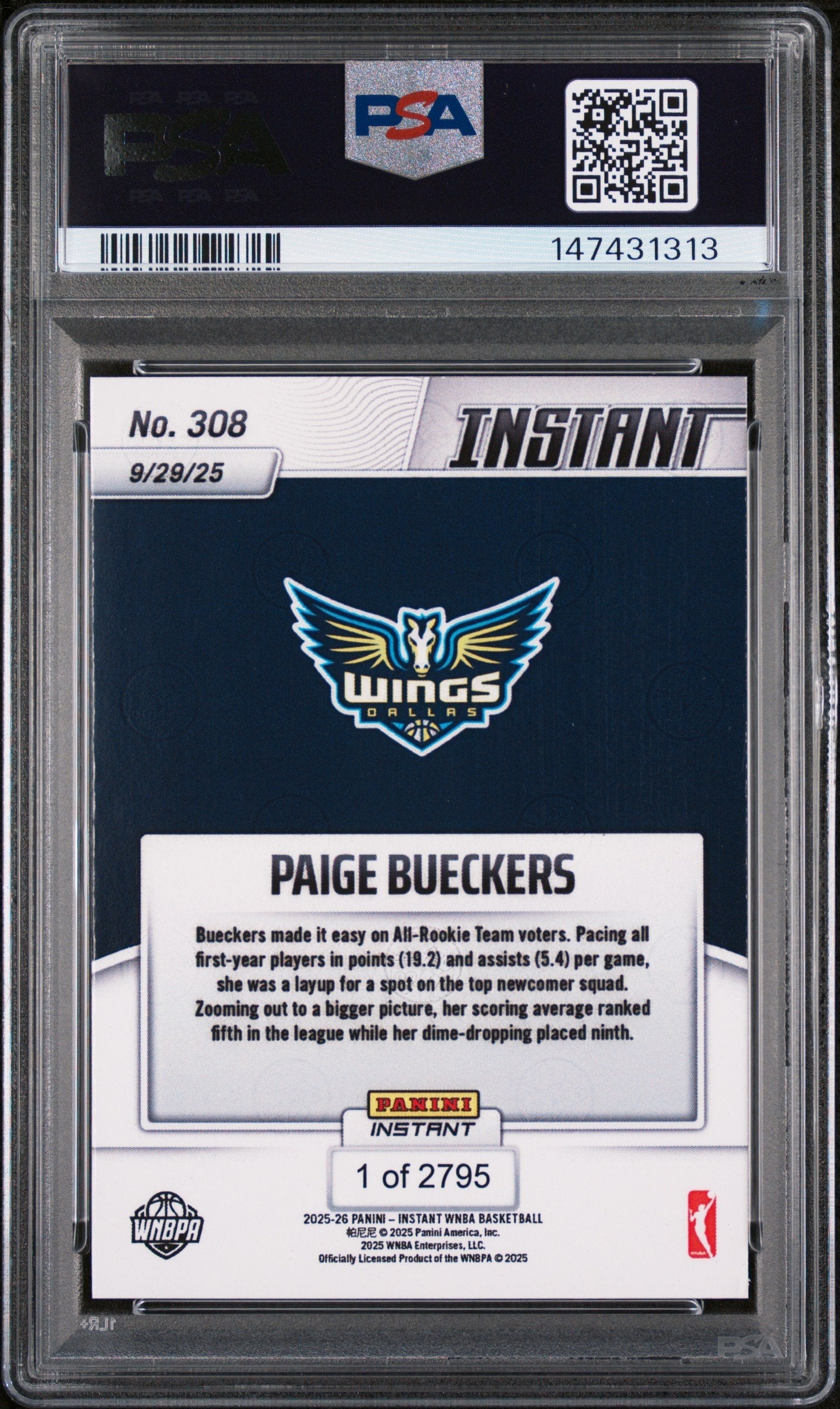 Graded 2025 Panini Instant Paige Bueckers #308 Rookie RC Basketball Card PSA 10 Gem Mint
