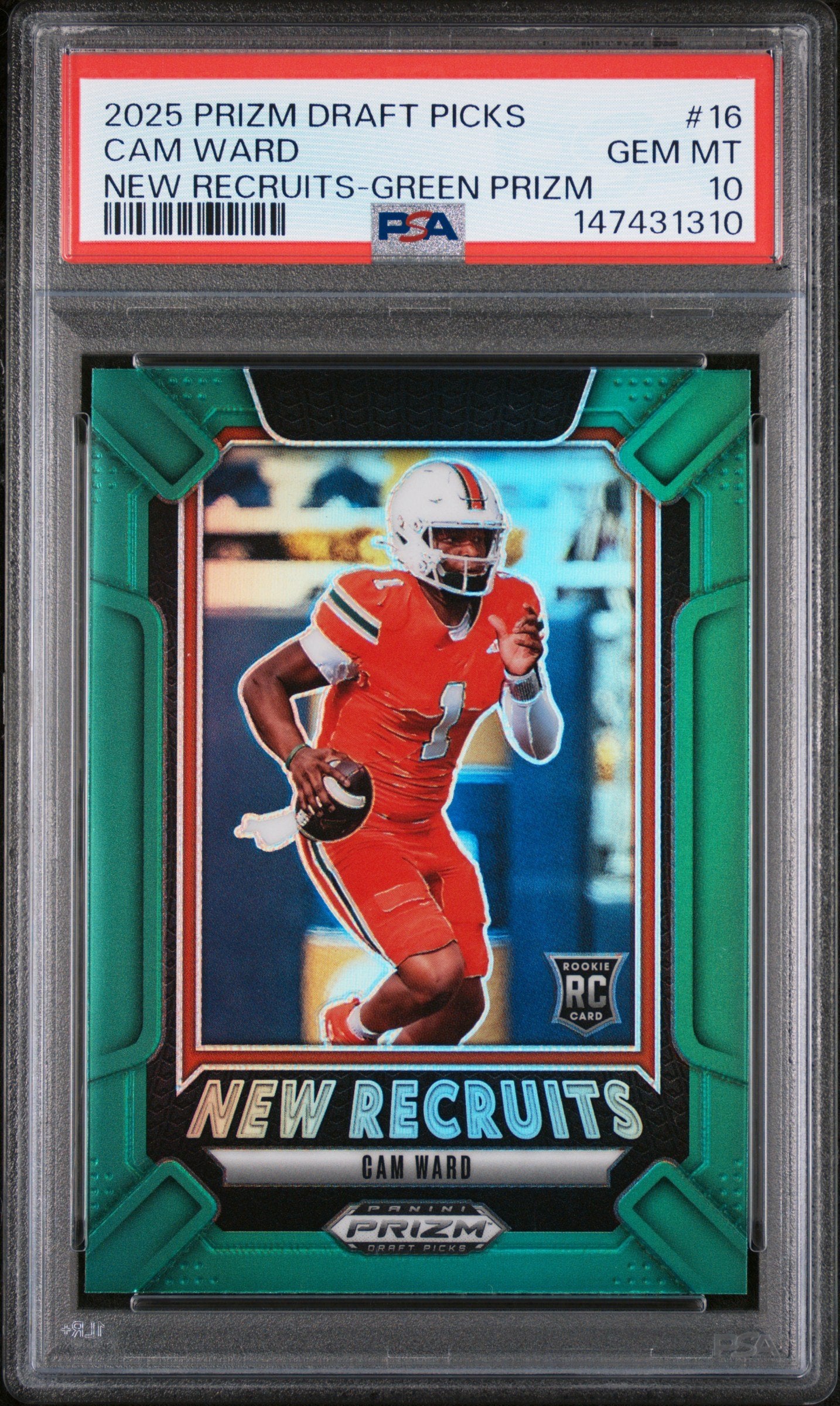 Graded 2025 Panini Prizm Draft Picks Cam Ward #16 New Recruits Green Rookie RC Football Card PSA 10 Gem Mint
