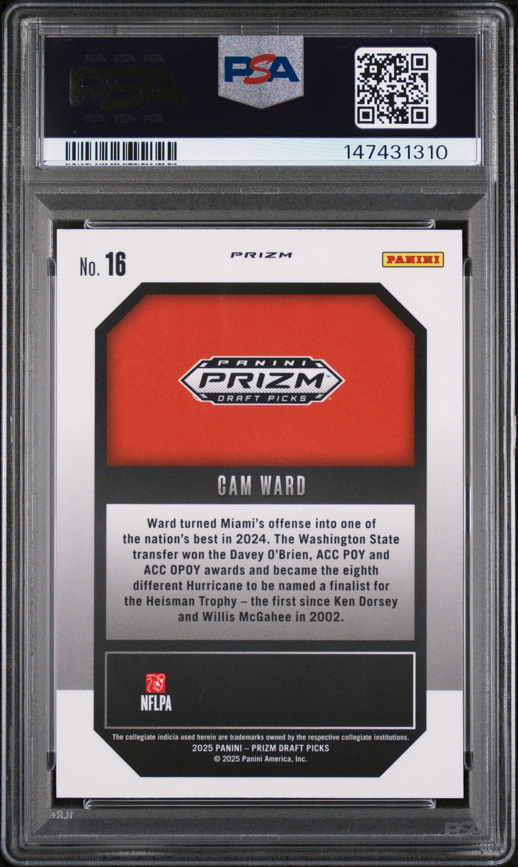 Graded 2025 Panini Prizm Draft Picks Cam Ward #16 New Recruits Green Rookie RC Football Card PSA 10 Gem Mint