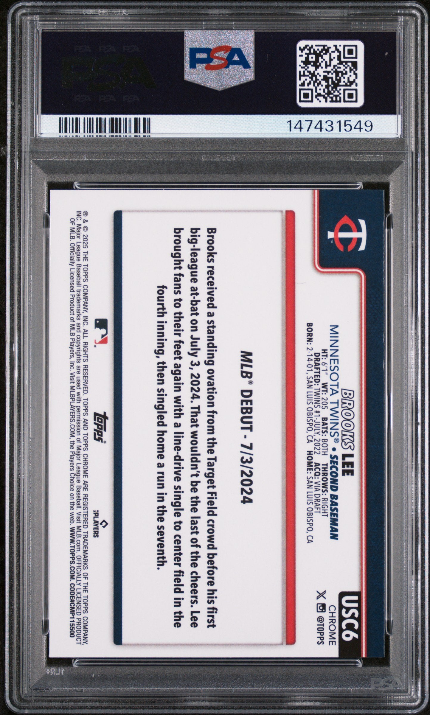 Graded 2025 Topps Chrome Update Brooks Lee #6 Rookie RC Baseball Card PSA 9 Mint