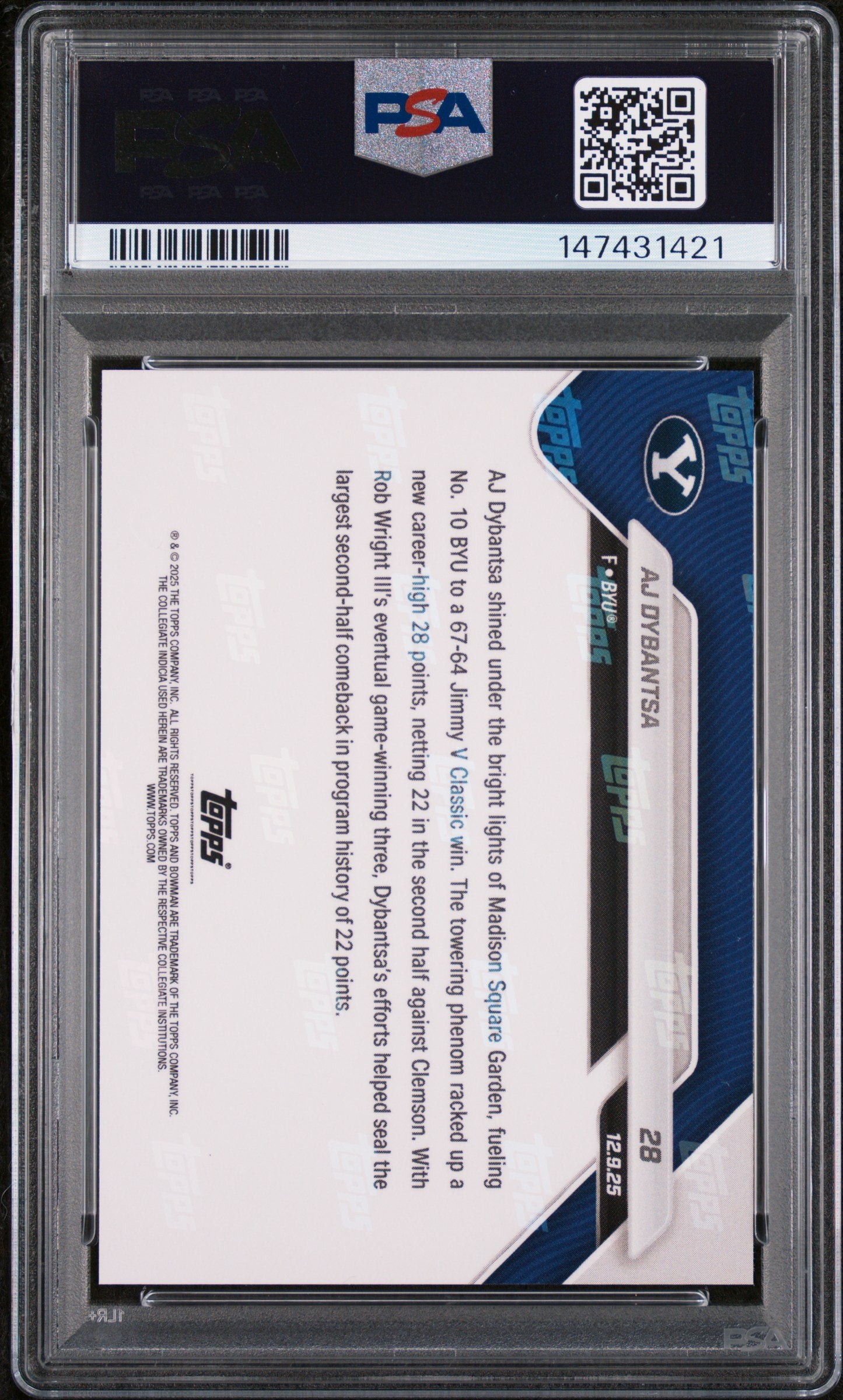 Graded 2025 Topps Bowman U Now AJ Dybantsa #28 Rookie RC Basketball Card PSA 10 Gem Mint