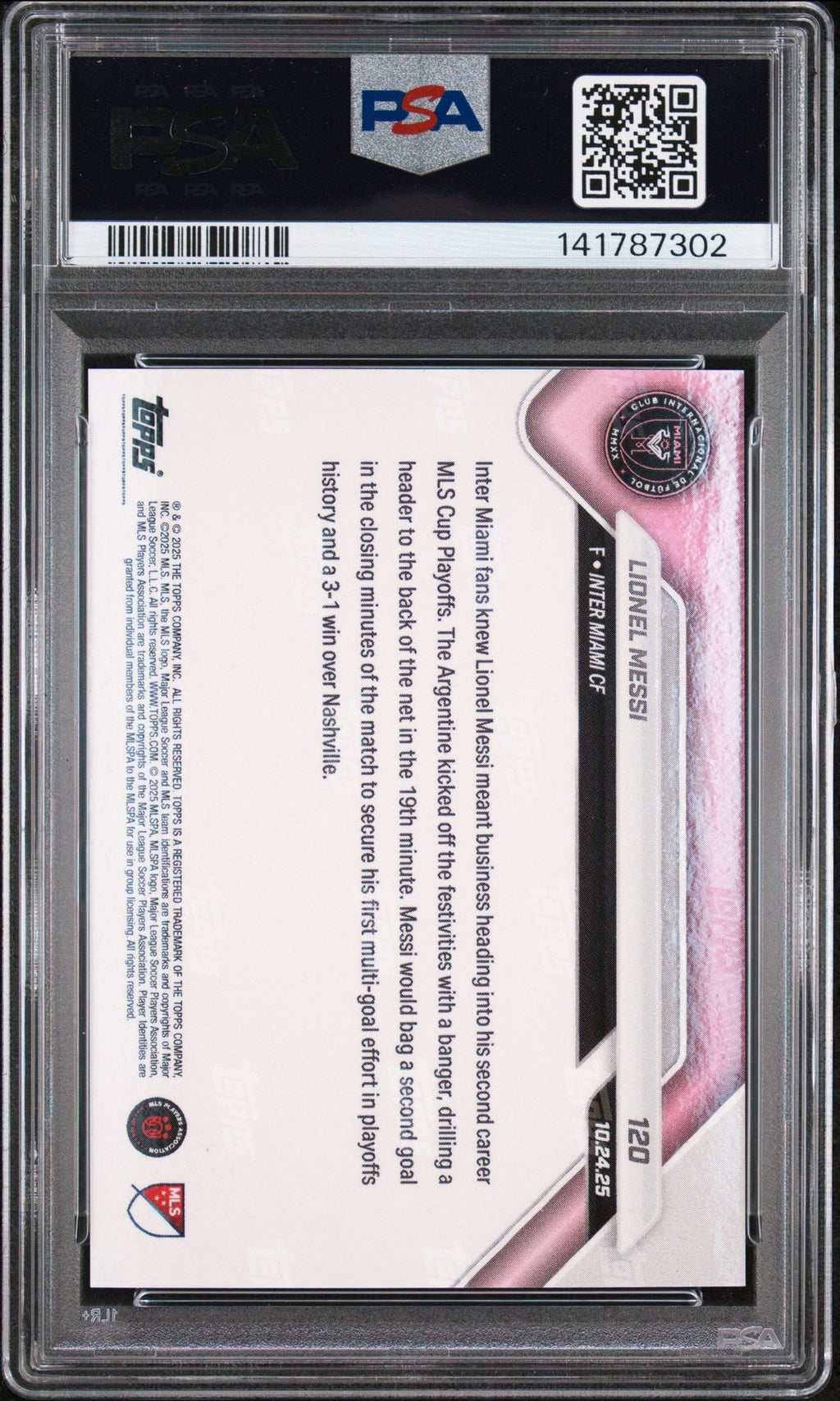 Graded 2025 Topps Now MLS Lionel Messi #120 1st MLS Cup Playoffs Brace Soccer Card PSA 10 Gem Mint